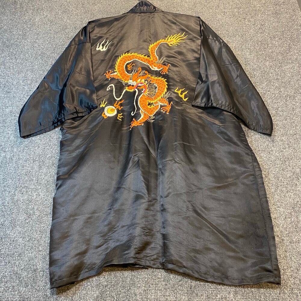Vintage Golden Dragon Chinese Black Silk Satin Robe Embroidered Adult Large